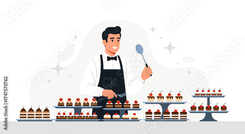 Professional Confectioner Smiles While Presenting Assortment Of Decadent Pastries