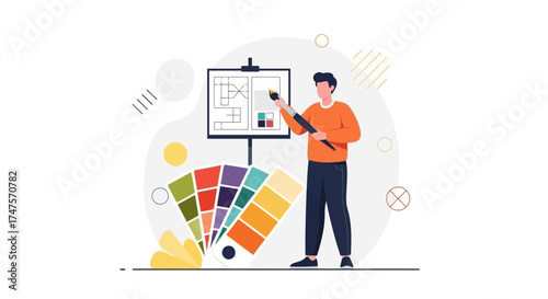 Professional Designer Presenting Colorful Palette and Designs for Creative Conceptualization