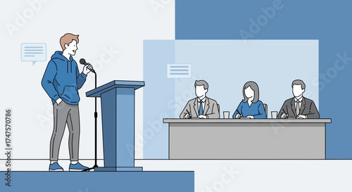 Public Speaker Addressing The Panel During Presentation Or Delivering A Speech Session
