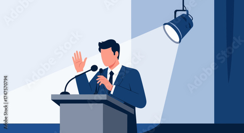 Public Speaker Delivering A Speech Illuminated By Stage Lighting And Gesturing