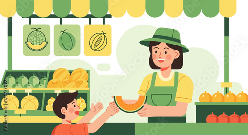 Purchasing Delightful Melon Slice At A Colorful Fruit Market Stall: Freshness Revealed