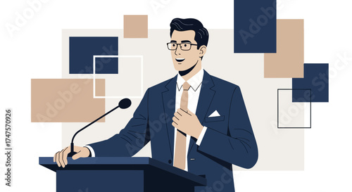 Professional Man Giving Speech at a Podium, Leadership and Presentation Focus