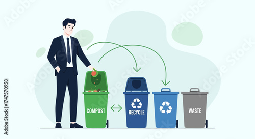 Professional Man Sorting Waste Materials Into Different Designated Trash Disposal Units