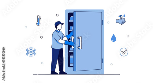 Professional Man Wearing Gloves Opening a Commercial Freezer for Food Safety