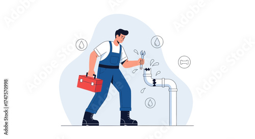 Professional Plumber Inspecting Damaged Pipe with Tools and a Red Toolbox in Hand