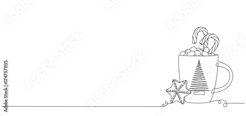 Minimalist one line drawing of a Christmas mug filled with marshmallows and candy canes. The mug features a Christmas tree design and is placed beside a decorated star cookie and holiday string lights