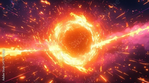 Bright fiery explosion with intense glowing sparks and radiant circular core emitting streams of light and energy in dark cosmic space