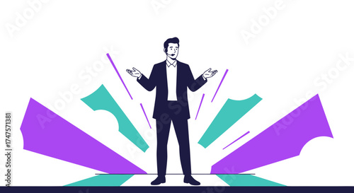 Professional Presenting With Open Palms And Stylized Burst Elements Over Plain White Background