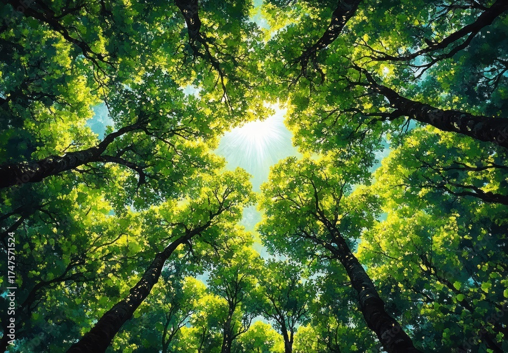 Fototapeta premium View looking up at tall green trees with sunlight shining through the leafy canopy on a clear day