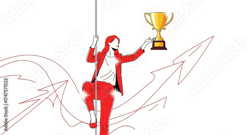 Reaching Success: A Woman Ascending and Achieves the Acquired Gold Trophy
