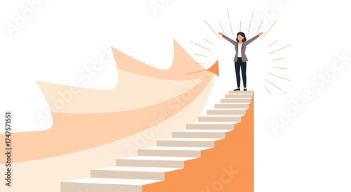 Reaching Success Concept Represented By A Woman On Top Of The Stairs