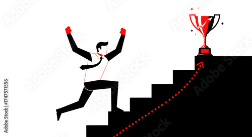 Reaching Success Businessman Climbing Stairs Towards Trophy Concept Illustration Achievement