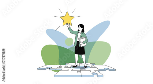 Reaching Success: Businesswoman Assembling Puzzle While Holding Shining Star Symbol of Victory