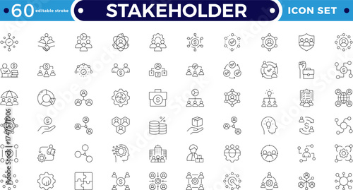 Stakeholder outline icon set featuring teamwork, leadership, communication, and partnership. Perfect for corporate design, collaboration, management, and human resource. Editable stroke outline icon. 