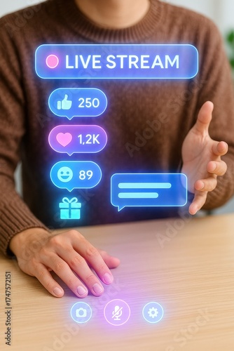 Engaging live stream event featuring interactive social media elements home office digital communication virtual environment close-up view audience engagement