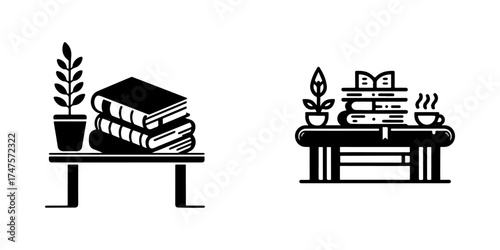 Modern Minimalist Book on Table Icon, Flat Silhouette of Literature Vector for Home and Café Illustration Design