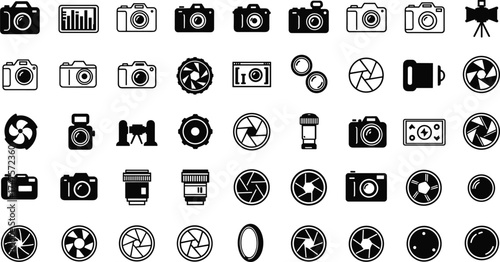 Camera icon collection, photography equipment symbols, DSLR, lens, aperture, tripod, professional photo tools, creative design, black and white vector illustration
