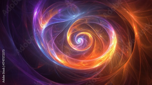 A swirling, dynamic abstract background with shifting patterns of neon orange, purple, and blue, creating a sense of motion and energy in an otherworldly design