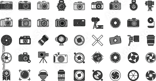 Camera icons collection, photography equipment symbols, DSLR, lens, aperture, tripod, digital camera set, minimalist design, creative photo elements vector illustration