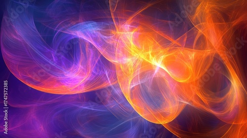 A swirling, dynamic abstract background with shifting patterns of neon orange, purple, and blue, creating a sense of motion and energy in an otherworldly design