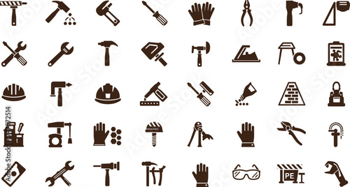 Construction tools icons set, repair equipment symbols, hammer, wrench, screwdriver, helmet, gloves, safety gear, drill, engineering, building tools, mechanic instruments, industrial work
