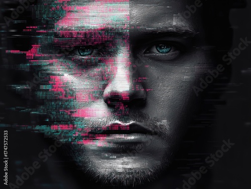 Close-up of a man's face with a digital glitch effect blending vibrant pink and cyan pixels, evoking a futuristic and technological mood