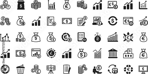 Currency exchange icon set, financial growth icons, money bag, investment, forex, global finance, banking, economy, business analytics, savings, cryptocurrency, stock