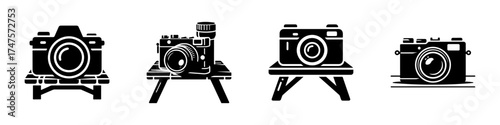 Modern Minimalist Camera on Table Icon, Flat Silhouette of Photography Vector for Workspace Illustration Design
