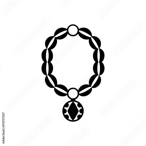 A delicate linear icon of a necklace with a pendant, representing femininity and sophistication.