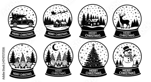 Eight black and white snow globe illustrations featuring Christmas themes: truck with tree, Santa sleigh, house, deer, gnomes, Christmas tree, and snowman.