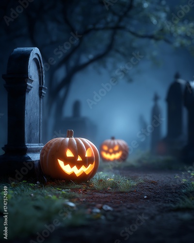 Cemetery with two carved jack and sally jack pumpkins