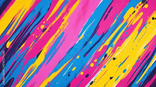 A vibrant abstract background with dynamic diagonal lines in neon shades of pink, yellow, and blue, forming an energetic pattern with motion