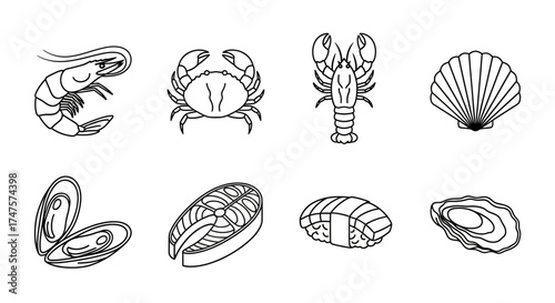 Line art illustration featuring a collection of seafood icons, including shrimp, crab, lobster, scallop, mussels, salmon, sushi, and oyster.