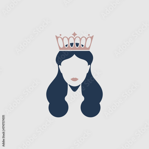 Stylized woman with crown and long hair isolated on transparent background