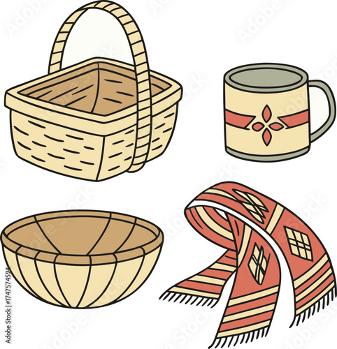 Traditional ethnic pottery and textile illustration