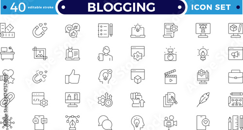 Blogging Outline icon set with communication, video, audio, feedback, and marketing elements. Includes chat, review, blog, broadcast, and digital promotion. Editable stroke outline icon. 