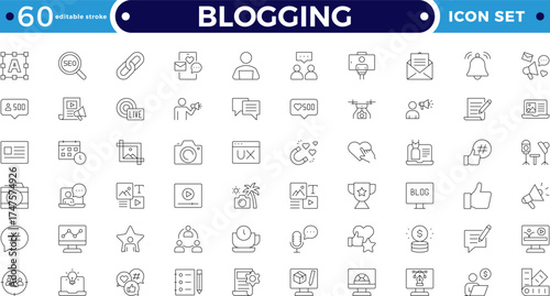 Blogging Outline icon set with communication, video, audio, feedback, and marketing elements. Includes chat, review, blog, broadcast, and digital promotion. Editable stroke outline icon. 