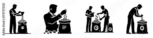 Modern Minimalist Man Packing Coffee Icon, Flat Silhouette of a Barista with Bean Bag Vector for Café Illustration Design