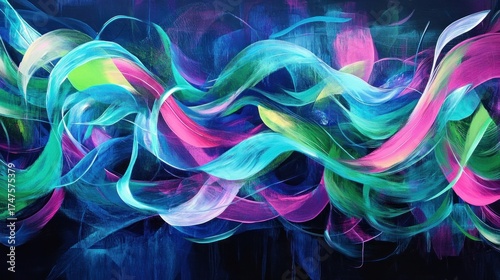 A vibrant abstract design with flowing neon light trails in shades of blue, green, and pink, creating a sense of movement and energy