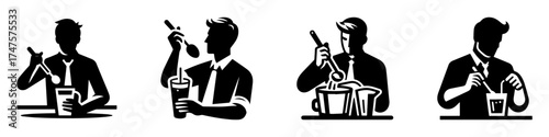 Modern Minimalist Man Mixing Drink Icon, Flat Silhouette of a Barista with Spoon Vector for Café Illustration Design