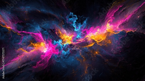 A vibrant abstract design with glowing neon light streaks in shades of pink, blue, and yellow cutting through the dark, evoking a sense of power and energy