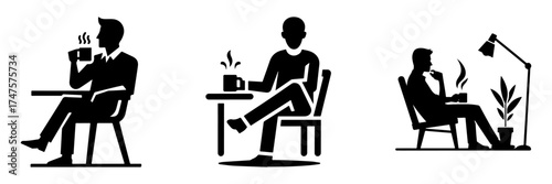 Modern Minimalist Man Sitting with Coffee Icon, Flat Silhouette of a Person Holding Mug Vector for Café Illustration Design