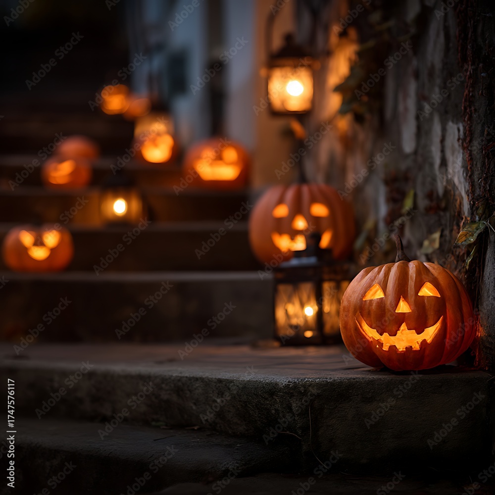 Fototapeta premium Glowing Jack-O'-Lanterns Displayed on Outdoor Steps in the Evening