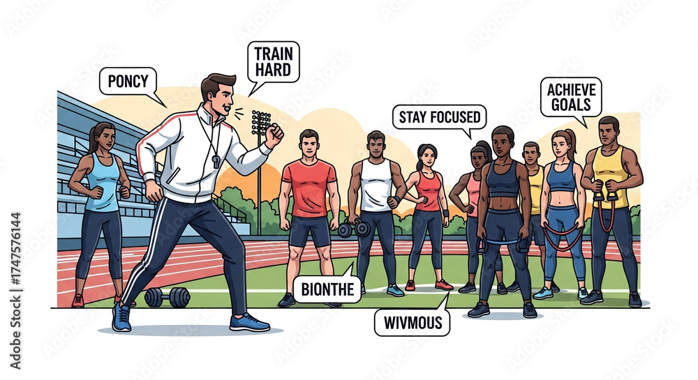 Obraz premium Motivational sports coach giving instructions to a diverse group of athletes on a running track with speech bubbles and positive affirmations
