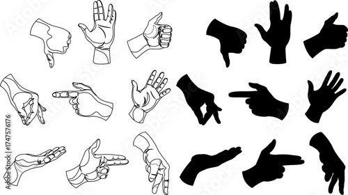 Collection of human hand gestures and signs, depicted in both detailed line art and solid black silhouette styles.