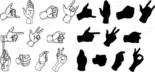 Collection of various hand gestures shown as both detailed line art and simple black silhouettes on a white background.