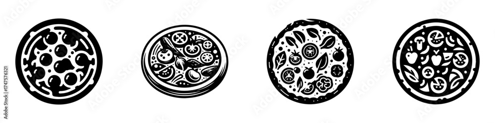 Fototapeta premium Modern Minimalist Olive Pizza Icon, Flat Silhouette of a Pizza with Olives Vector for Food Illustration Design