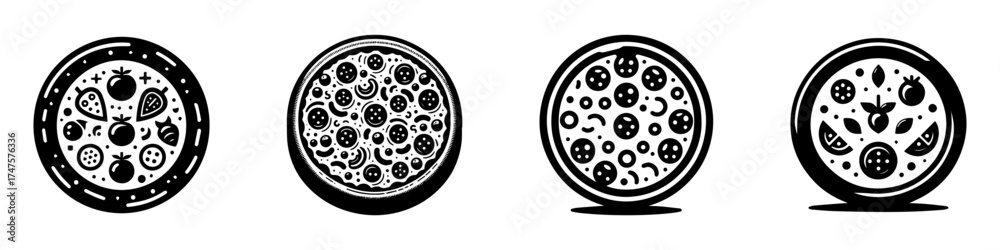 Fototapeta premium Modern Minimalist Vegetable Pizza Icon, Flat Silhouette of a Pizza with Veggies Vector for Food Illustration Design