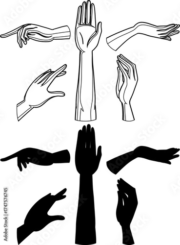 A collection of elegant hand gestures and poses, shown as both black line art drawings and solid black silhouettes.