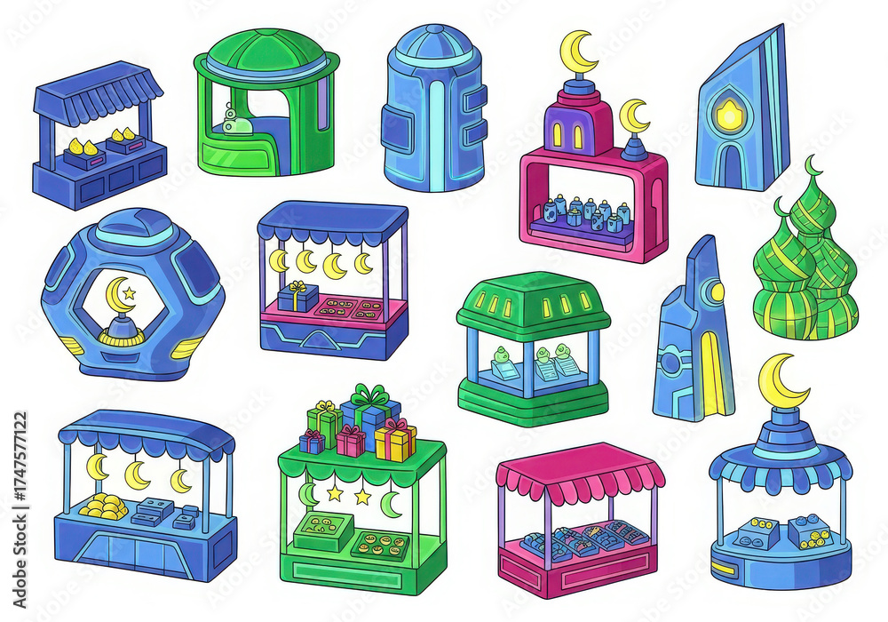 Fototapeta premium Collection of colorful miniature buildings and stalls with islamic architectural elements